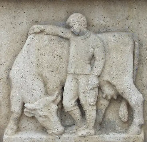 &quot;Font&aelig;ne&quot; - Kaldet Drengen og s&oslash;l&oslash;ven (bronze i kumme med sandstensrelieffer. Vandkunst), 1935. Hj&oslash;rring